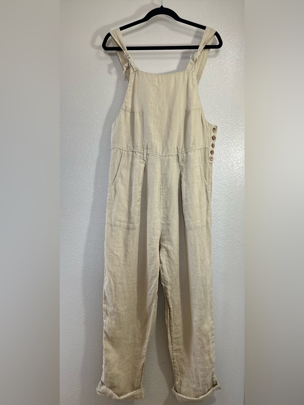 Free People Cream Linen Wide-Leg Overalls